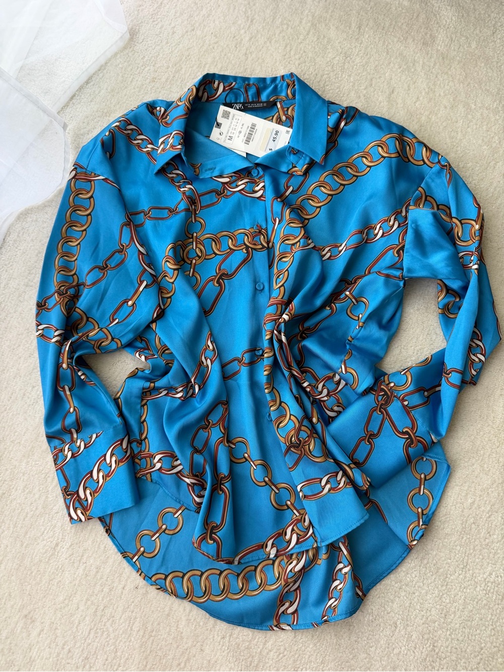 BNWT Zara Blue Chain-Print Silky Button-Down Dress Shirt Blouse